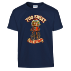 Chicleteira Bicicleteira print on a navy kids t-shirt, front view