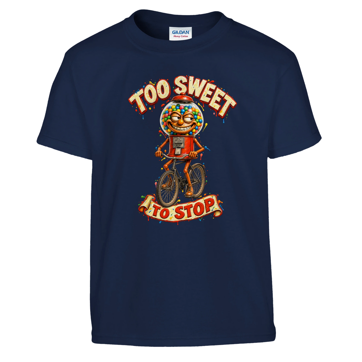 Chicleteira Bicicleteira print on a navy kids t-shirt, front view