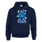67 print on a navy pullover hoodie, front view