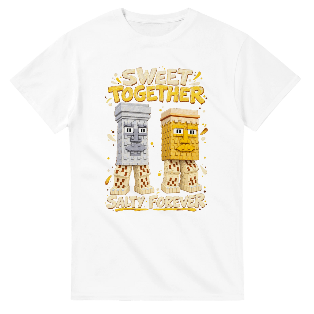 White t-shirt printed with Garama and Madundung and the words Sweet together, salty forever, front view