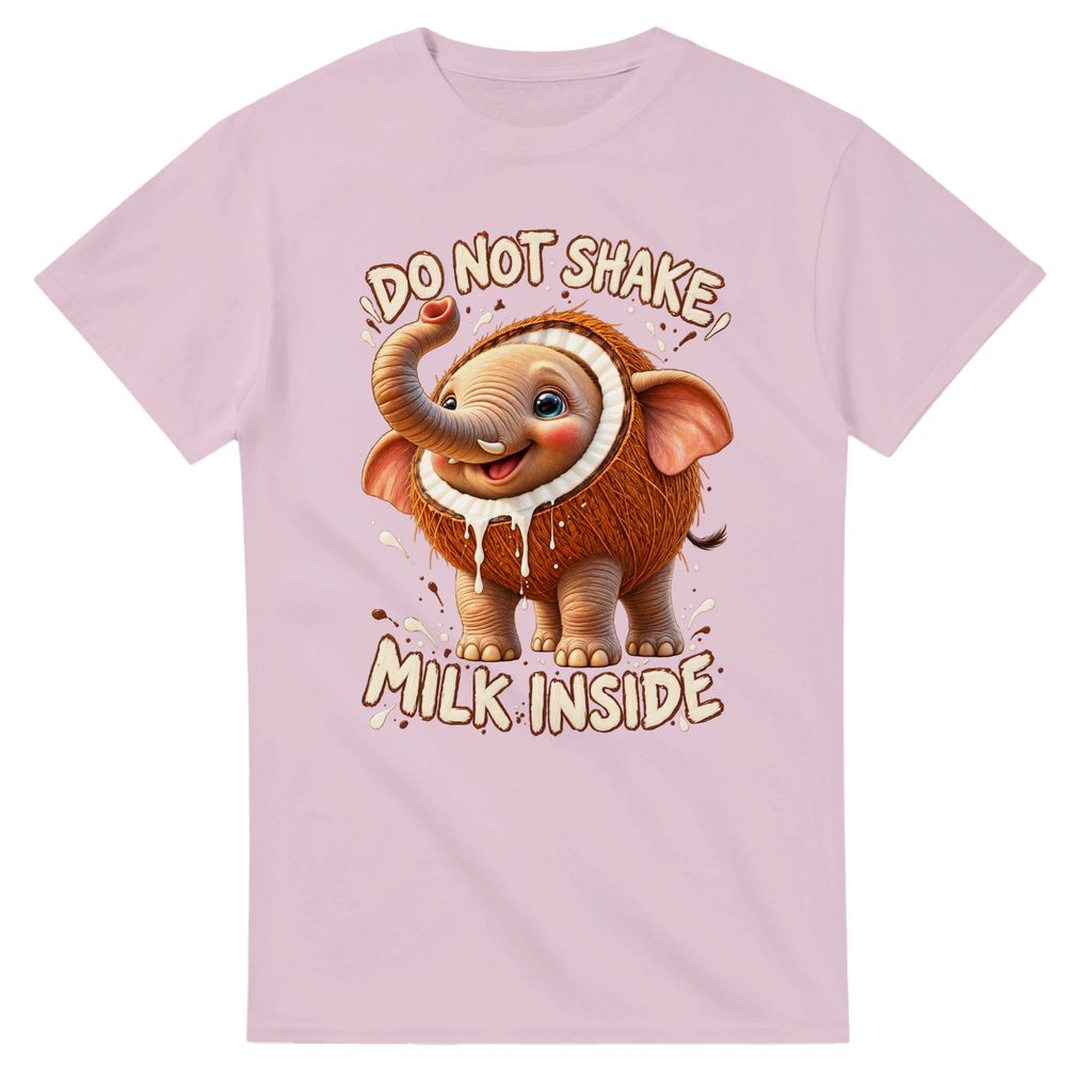 Light Pink t-shirt printed with Cocofanto Elefanto and the words Do not shake, milk inside, front view