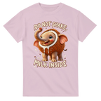 Light Pink t-shirt printed with Cocofanto Elefanto and the words Do not shake, milk inside, front view