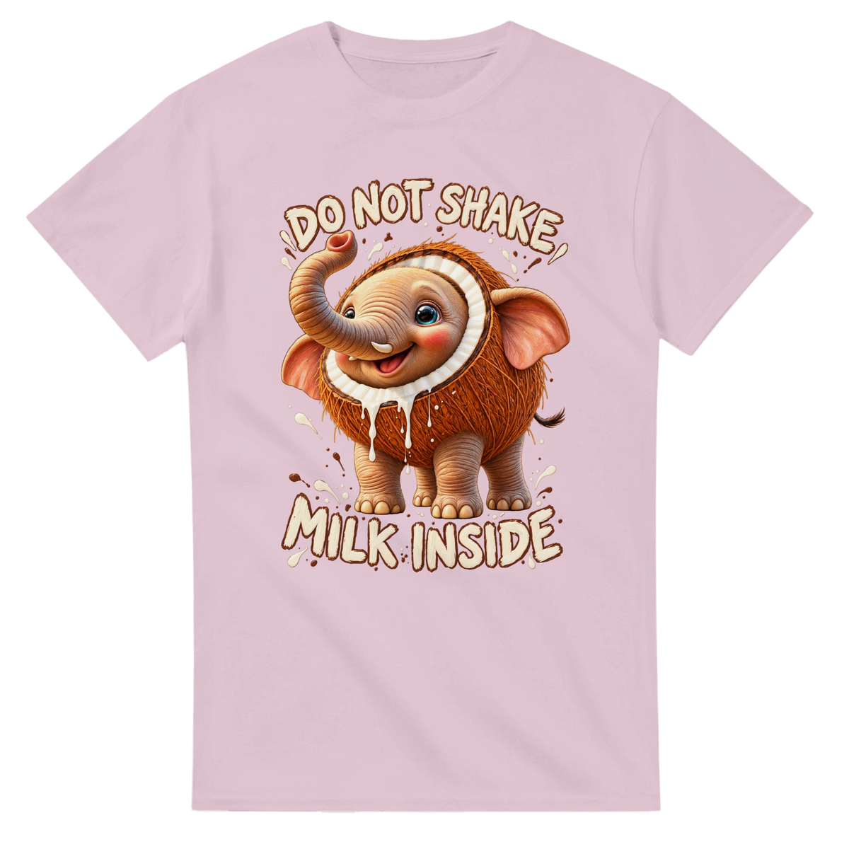 Light Pink t-shirt printed with Cocofanto Elefanto and the words Do not shake, milk inside, front view