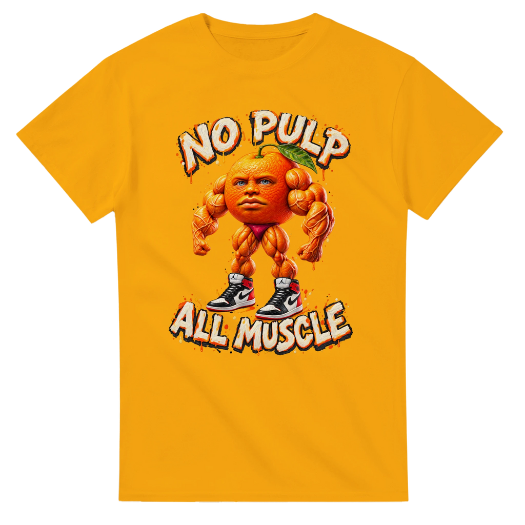 Gold t-shirt printed with Odin Din Din Dun and the words No pulp, all muscle, front view