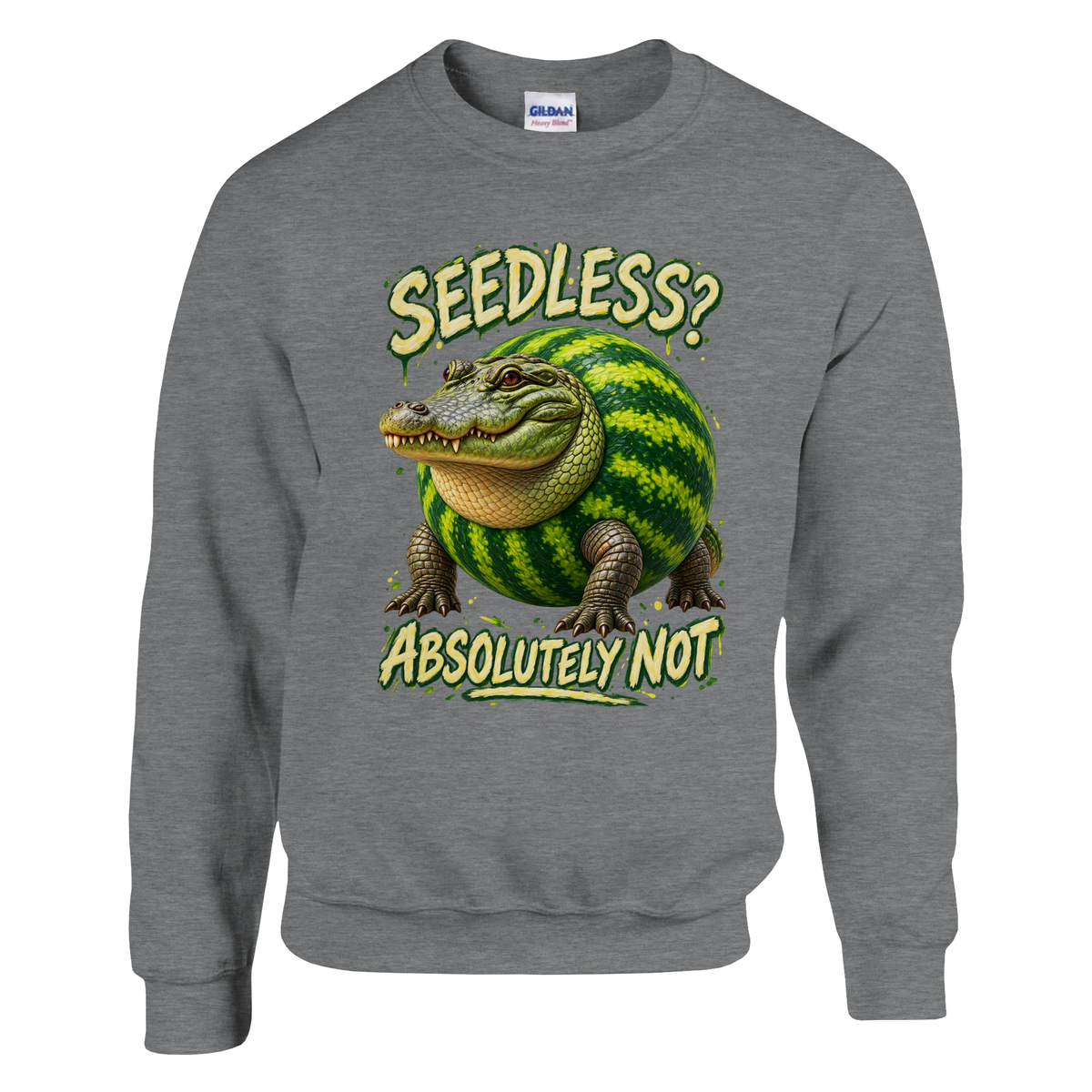Glorbo Fruttodrillo print on a sport grey crewneck sweatshirt, front view