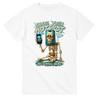 White t-shirt printed with Pot Hotspot and the words Share your hotspot, no service here, front view
