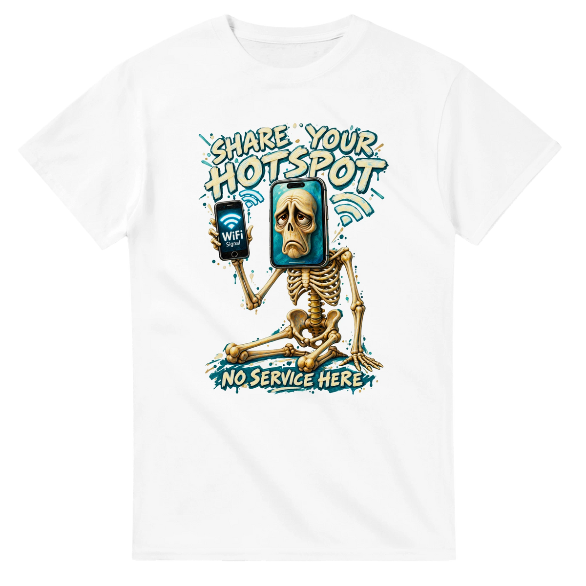 White t-shirt printed with Pot Hotspot and the words Share your hotspot, no service here, front view