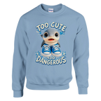 Los Tralaleritos print on a light blue crewneck sweatshirt, front view