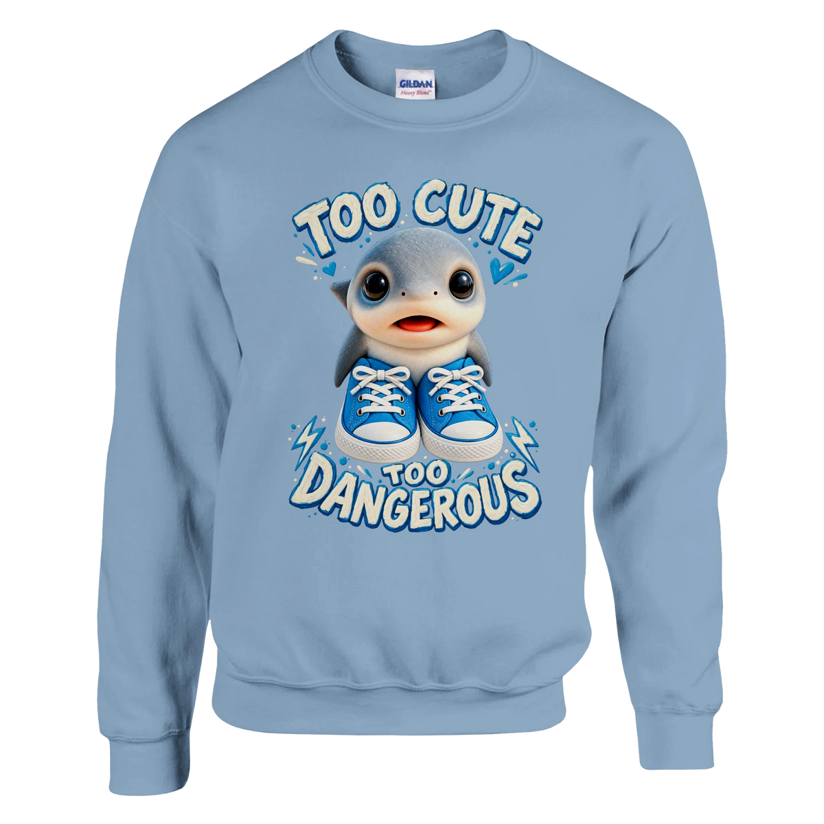 Los Tralaleritos print on a light blue crewneck sweatshirt, front view