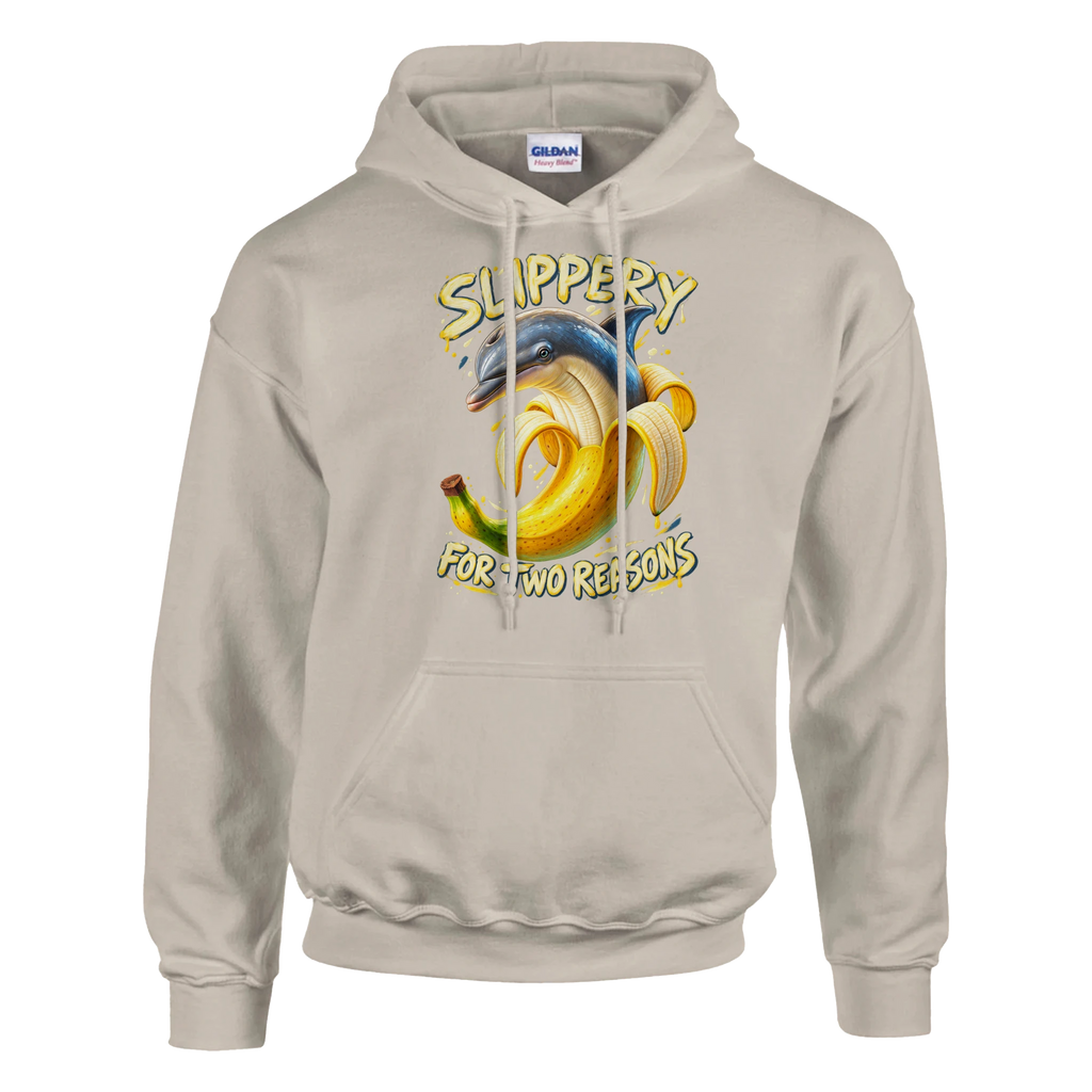 Bananita Dolphinita print on a sand pullover hoodie, front view