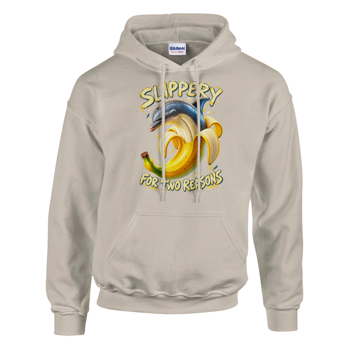 Bananita Dolphinita print on a sand pullover hoodie, front view