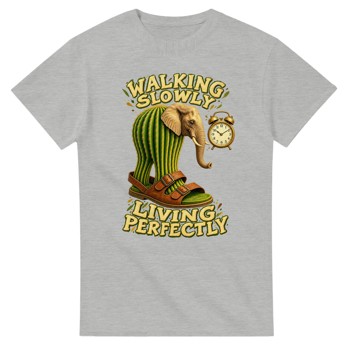 Ash t-shirt printed with Lirili Larila and the words Walking slowly, living perfectly, front view