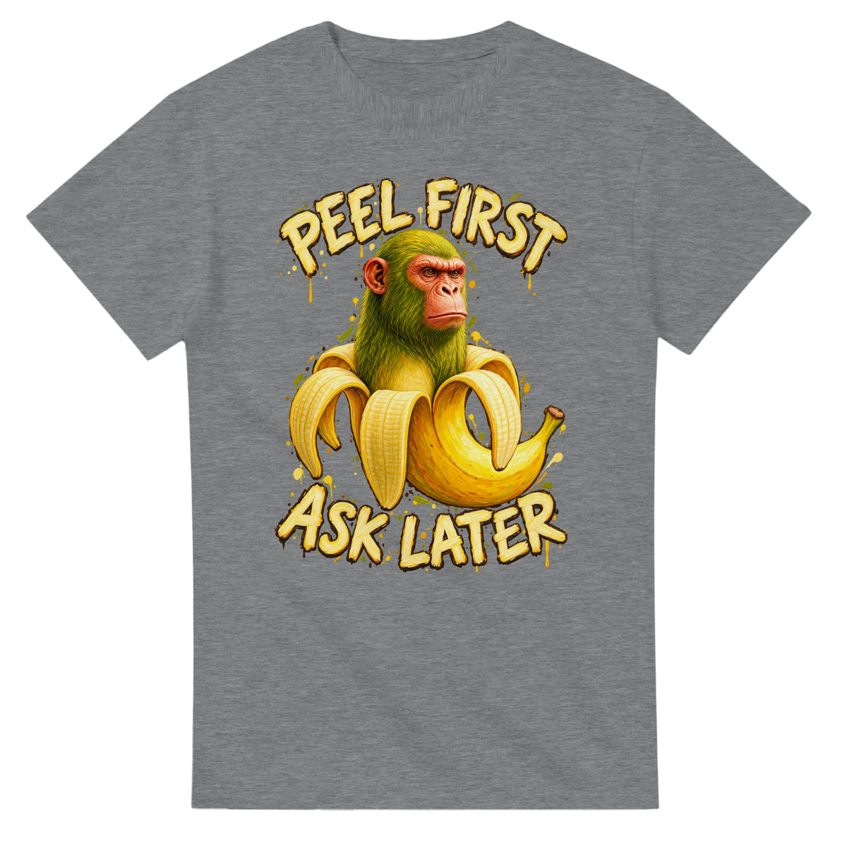 Sport Grey t-shirt printed with Chimpanzini Bananini and the words Peel first, ask later, front view