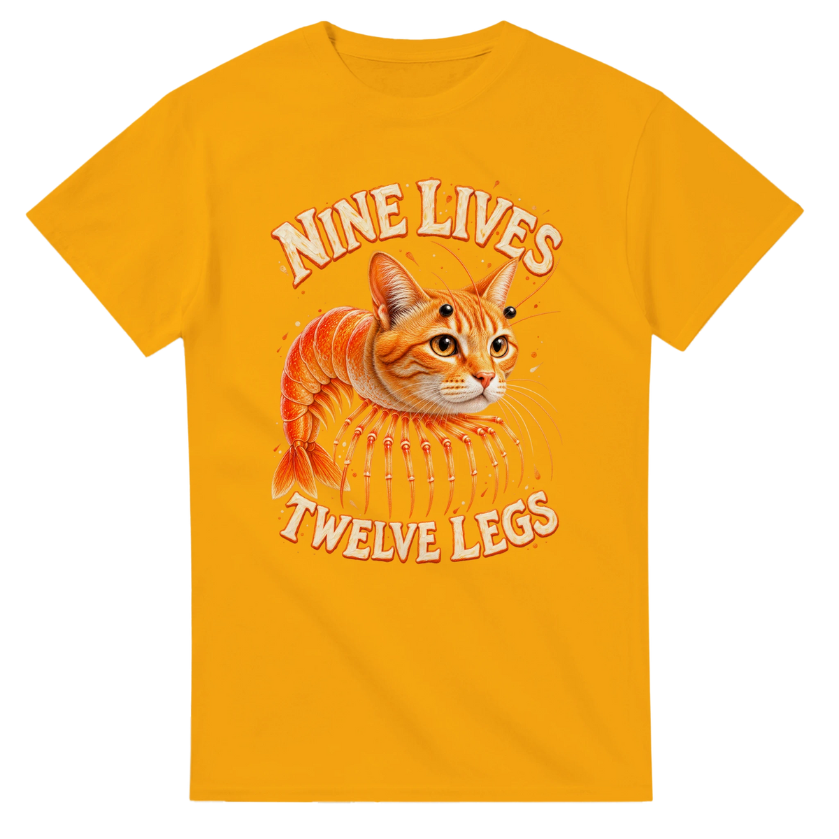 Gold t-shirt printed with Trippi Troppi and the words Nine lives, twelve legs, front view