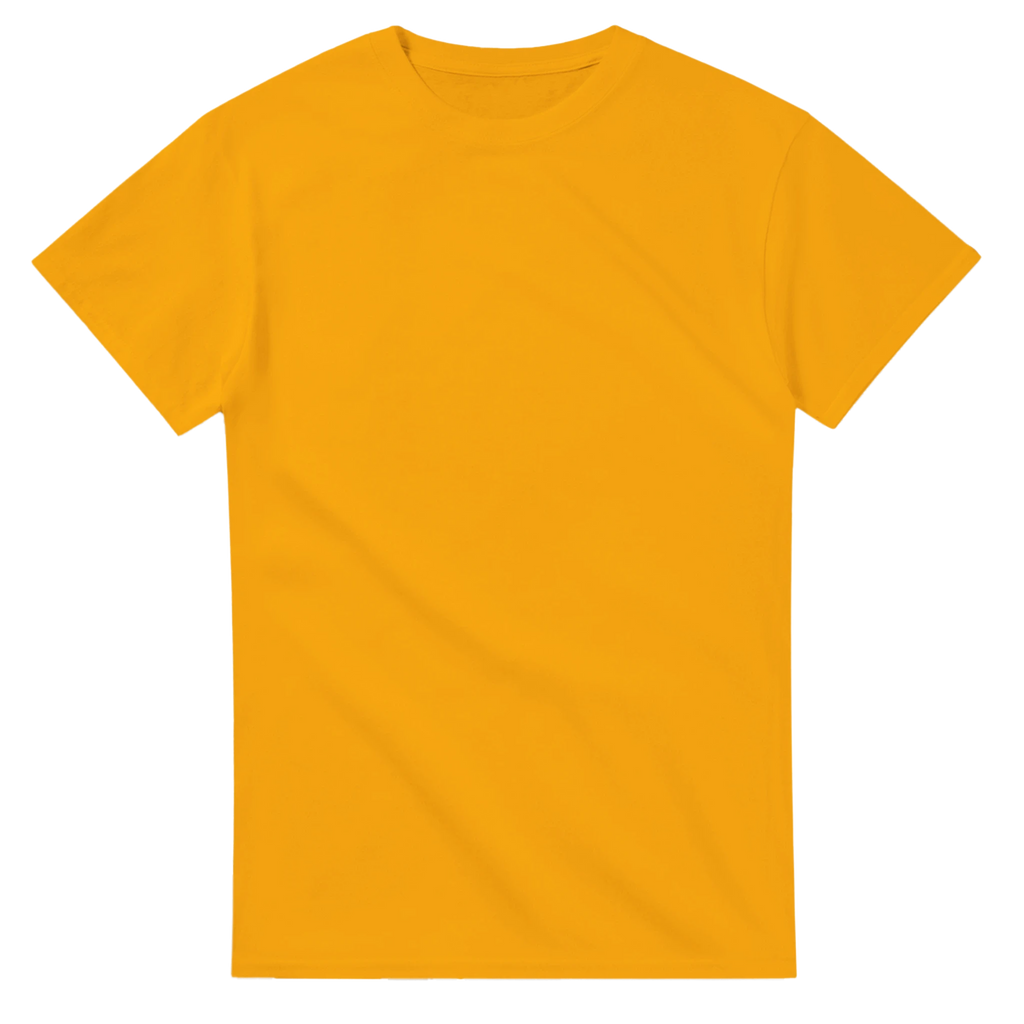 Gold t-shirt printed with Noobini Pizzanini and the words Pizza on, brain off, front view