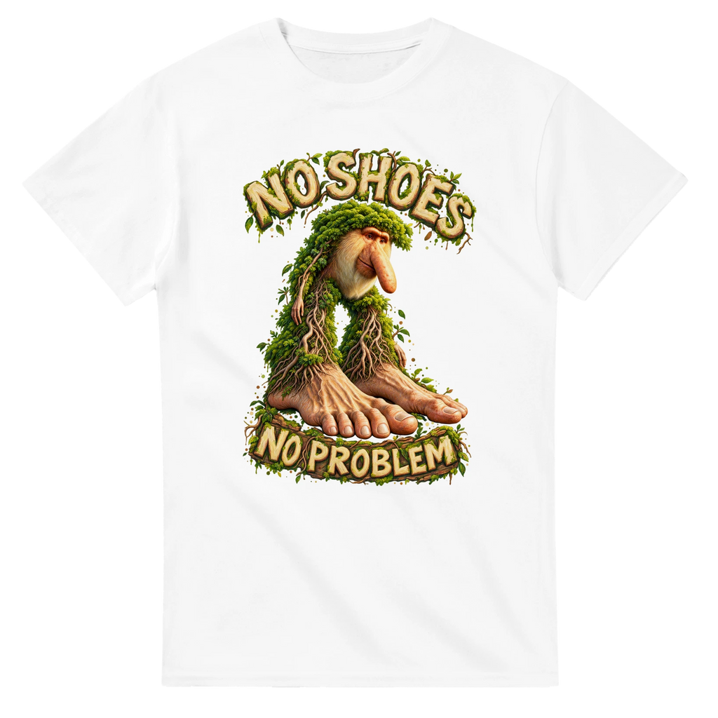 White t-shirt printed with Brr Brr Patapim and the words No shoes, no problem, front view