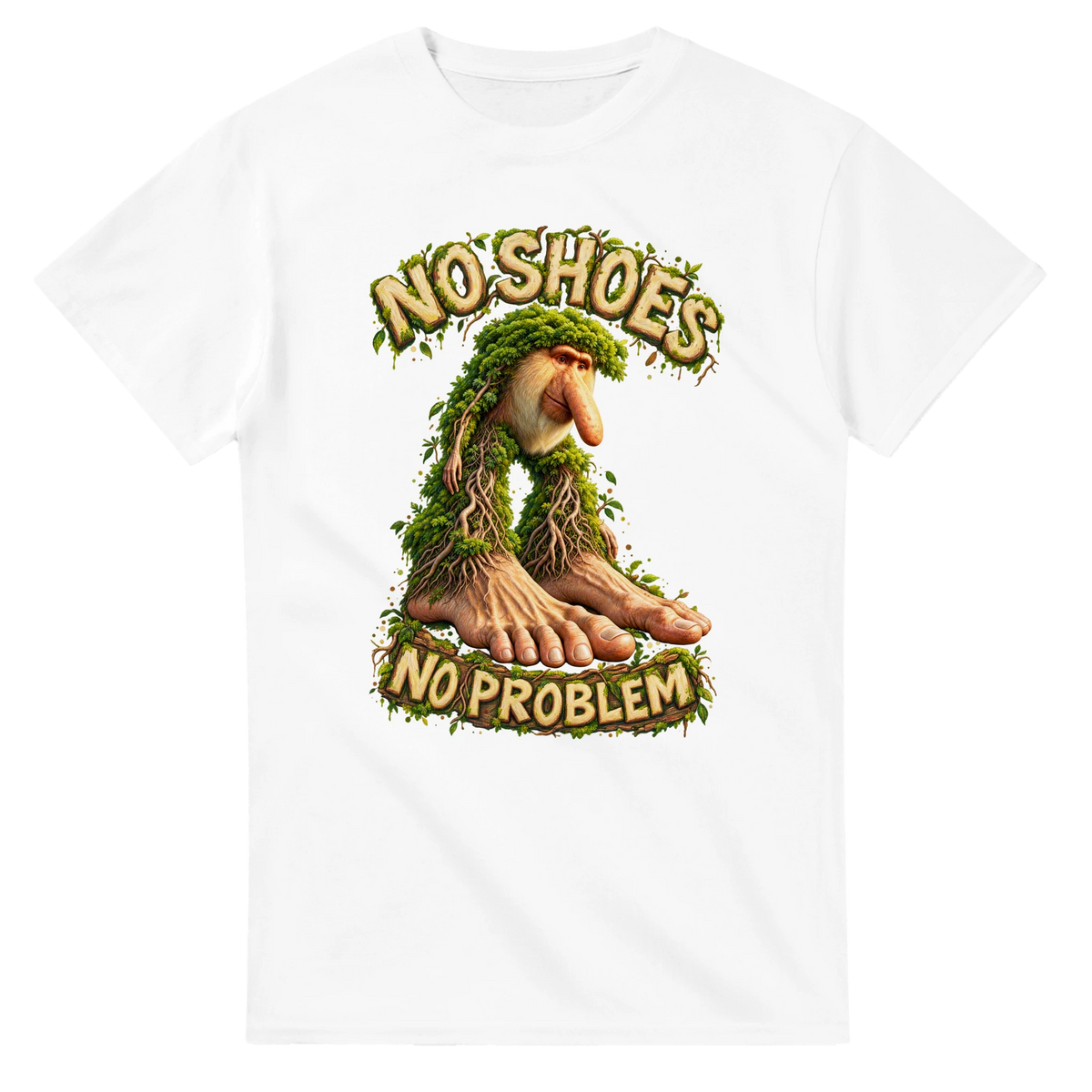 White t-shirt printed with Brr Brr Patapim and the words No shoes, no problem, front view