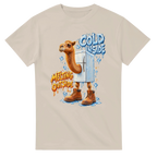 Sand t-shirt printed with Frigo Camelo and the words Cold inside, melting outside, front view