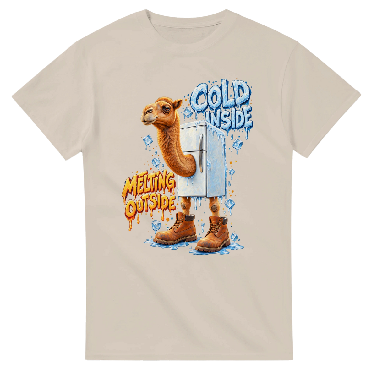 Sand t-shirt printed with Frigo Camelo and the words Cold inside, melting outside, front view