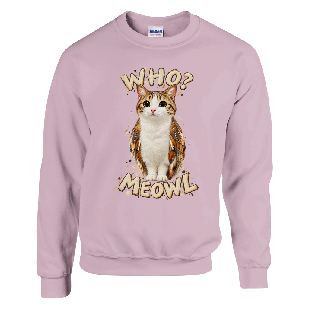 Meowl print on a light pink crewneck sweatshirt, front view