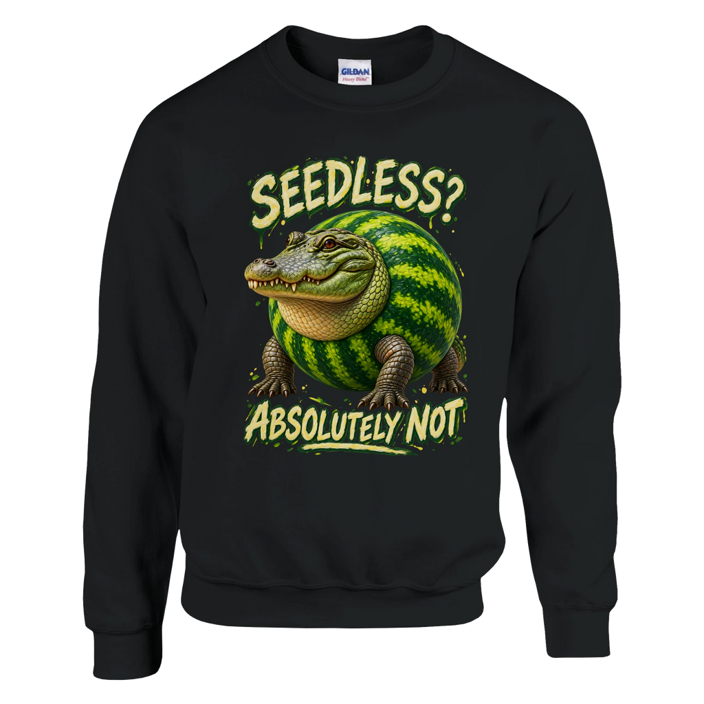 Glorbo Fruttodrillo print on a black crewneck sweatshirt, front view