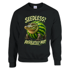Glorbo Fruttodrillo print on a black crewneck sweatshirt, front view