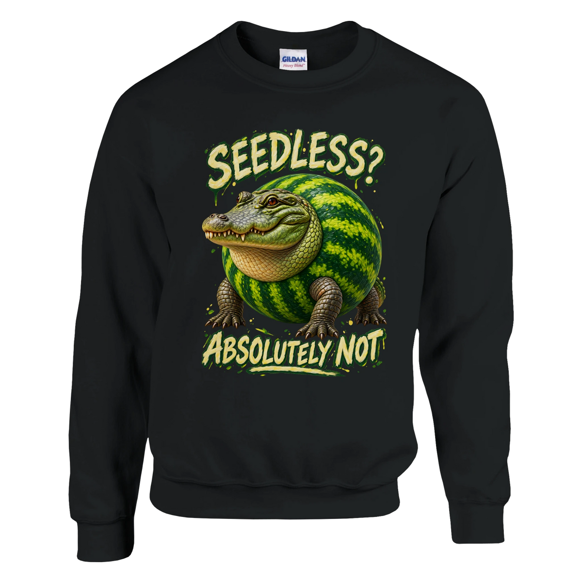 Glorbo Fruttodrillo print on a black crewneck sweatshirt, front view