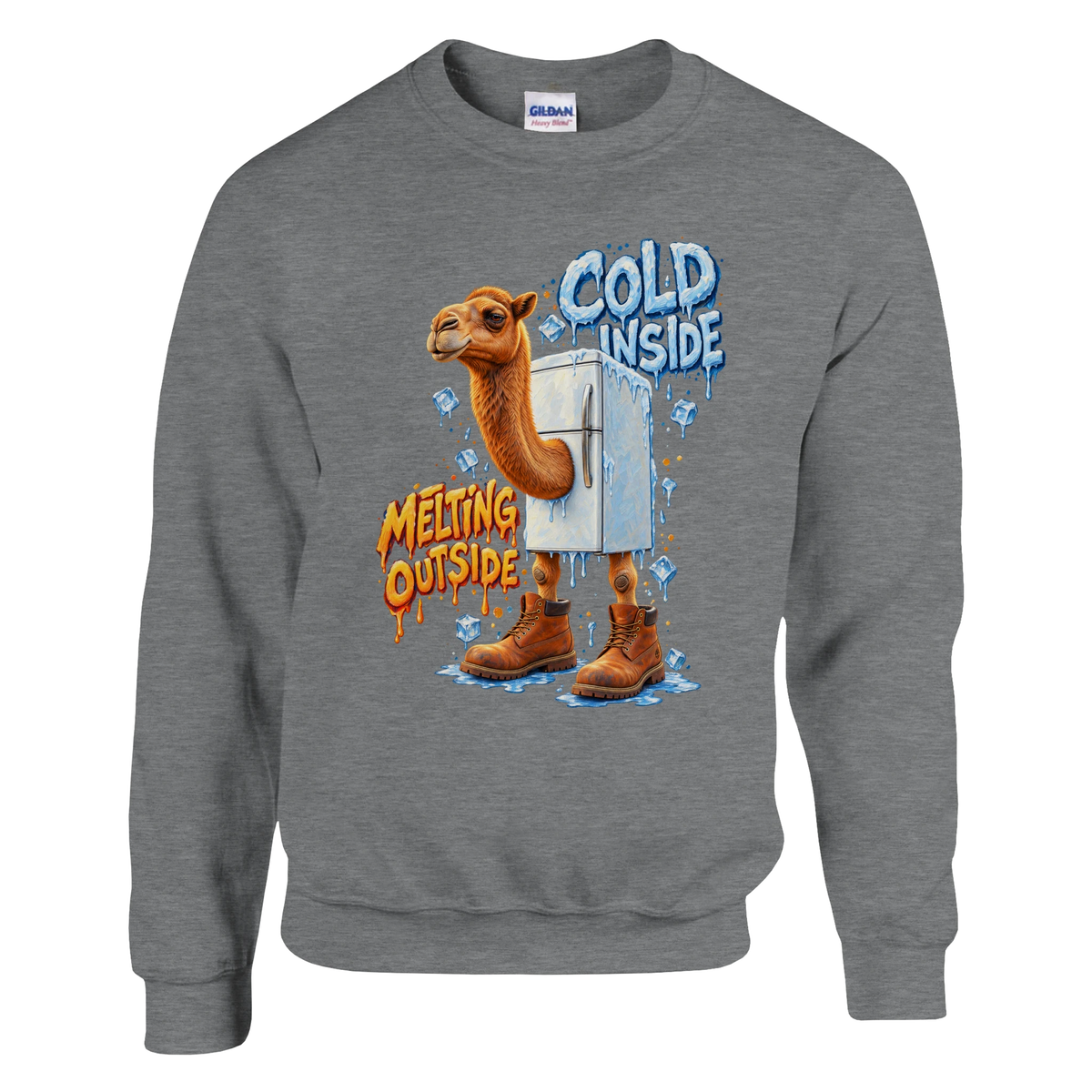 Frigo Camelo print on a sport grey crewneck sweatshirt, front view