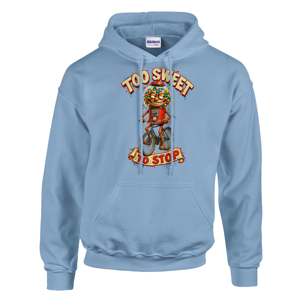 Chicleteira Bicicleteira print on a light blue pullover hoodie, front view