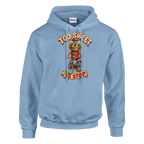 Chicleteira Bicicleteira print on a light blue pullover hoodie, front view