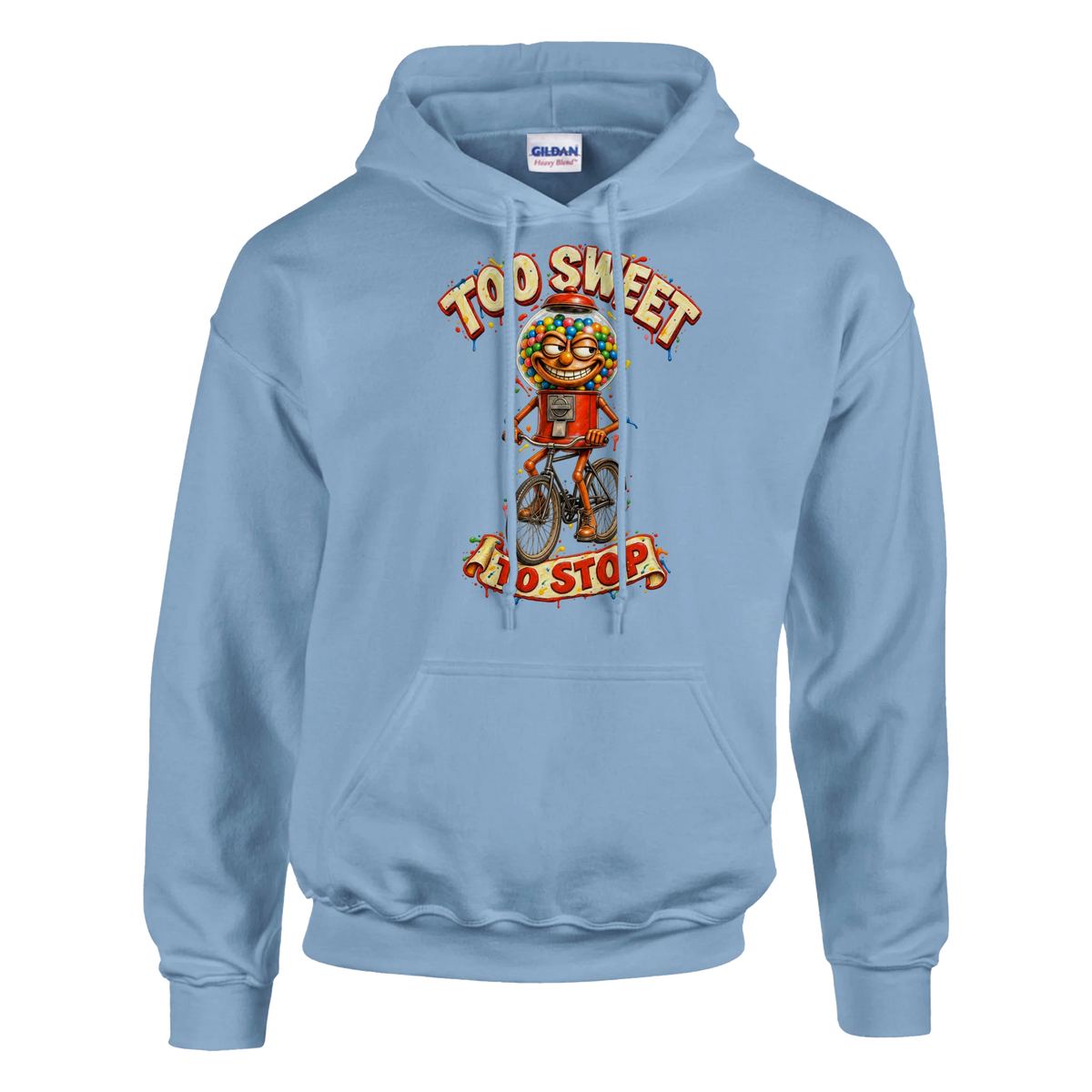 Chicleteira Bicicleteira print on a light blue pullover hoodie, front view