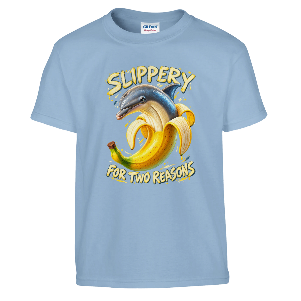 Bananita Dolphinita print on a light blue kids t-shirt, front view