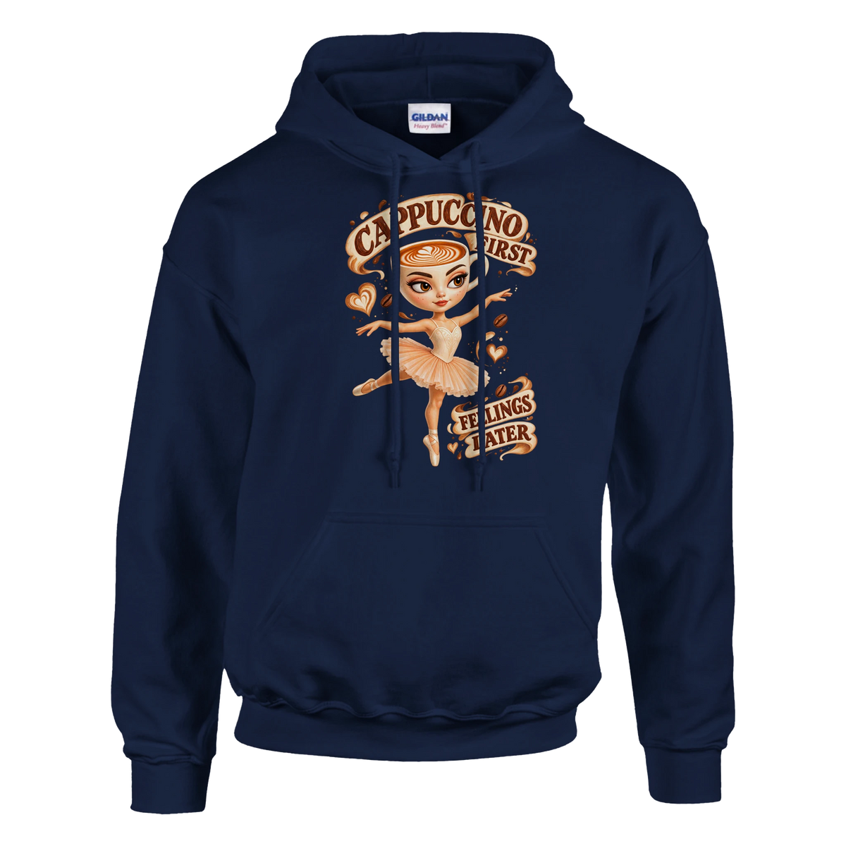 Ballerina Cappuccina print on a navy pullover hoodie, front view