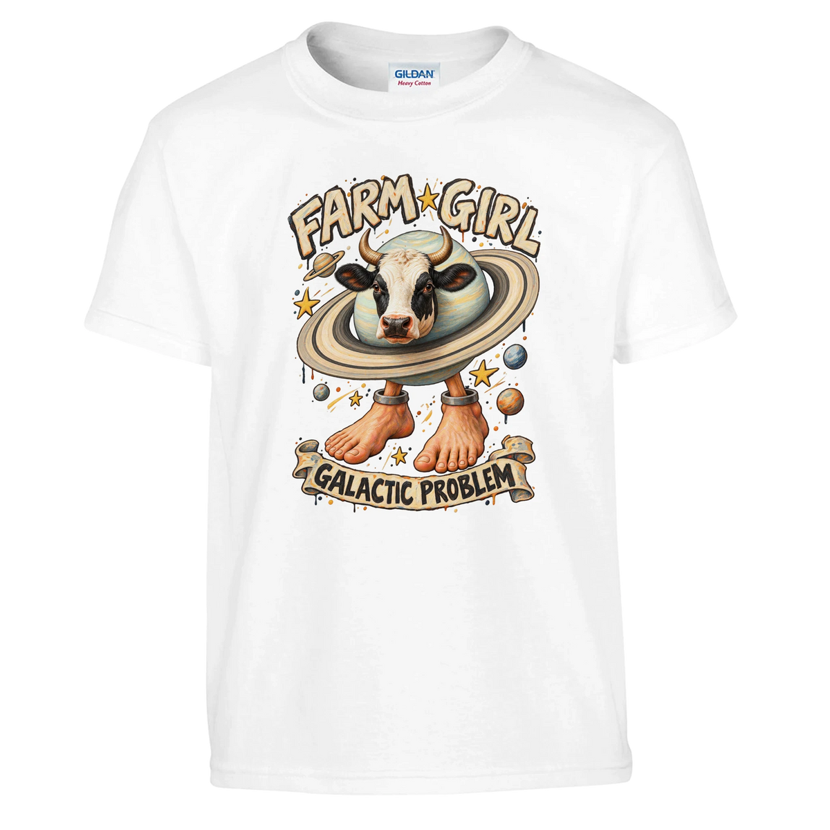 La Vaca Saturno Saturnita print on a white kids t-shirt, front view