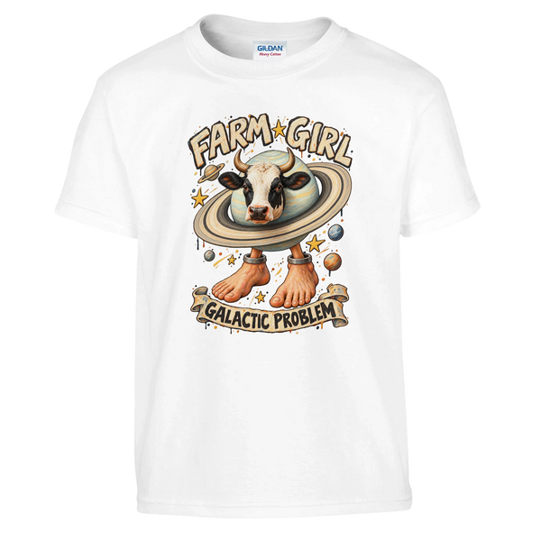 La Vaca Saturno Saturnita print on a white kids t-shirt, front view