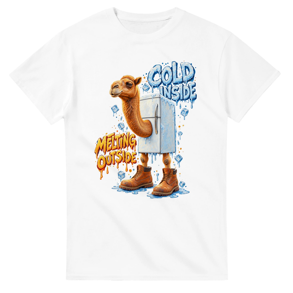 White t-shirt printed with Frigo Camelo and the words Cold inside, melting outside, front view