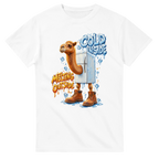 White t-shirt printed with Frigo Camelo and the words Cold inside, melting outside, front view