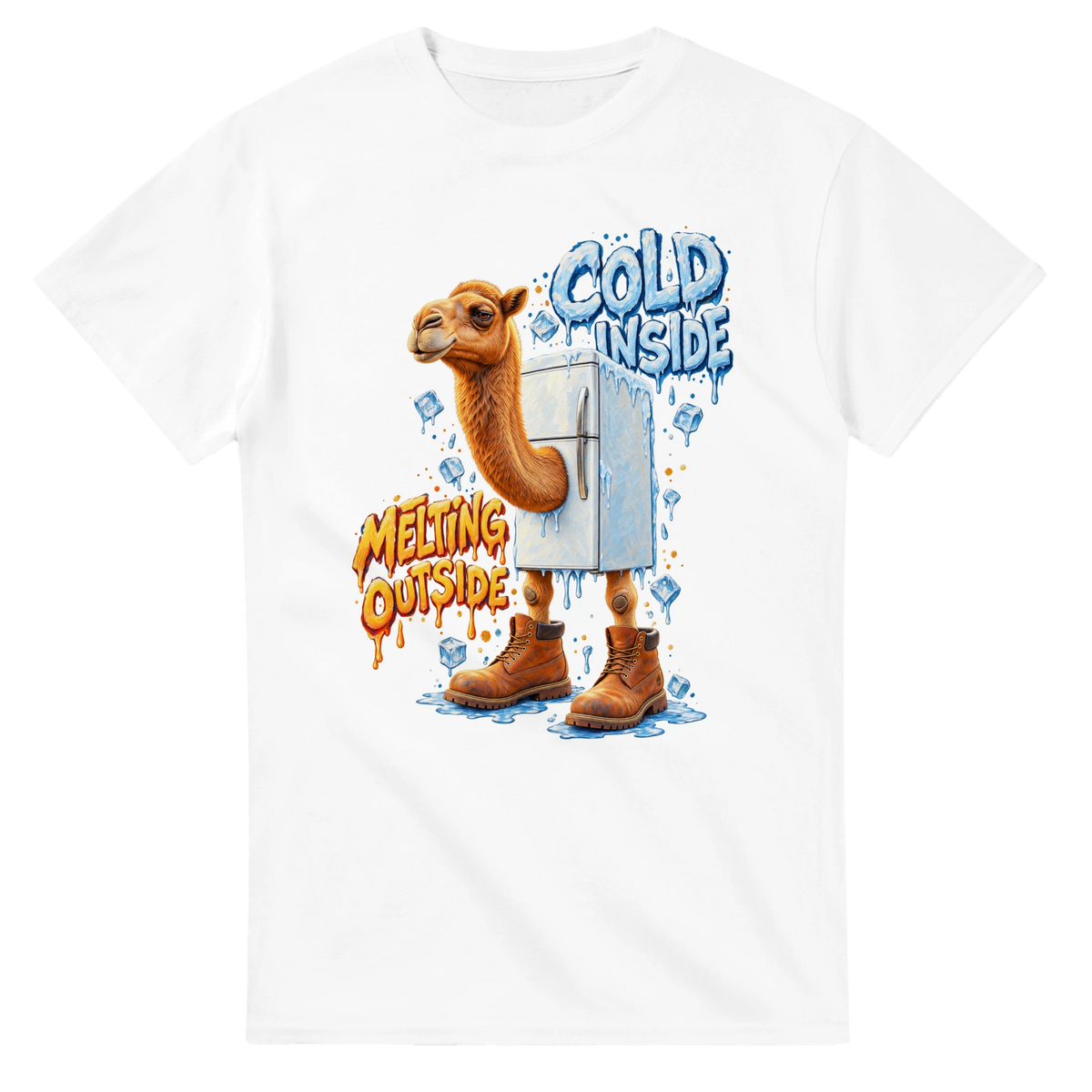 White t-shirt printed with Frigo Camelo and the words Cold inside, melting outside, front view
