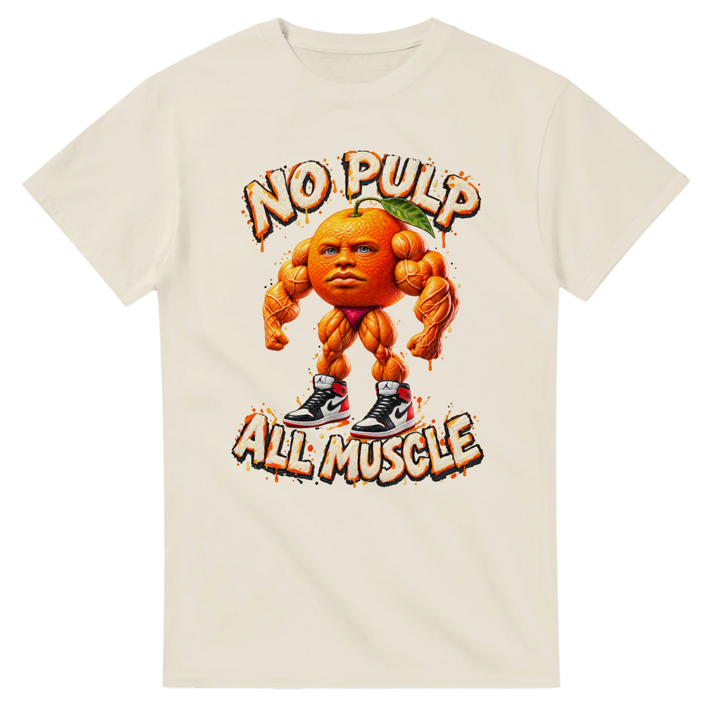Natural t-shirt printed with Odin Din Din Dun and the words No pulp, all muscle, front view