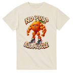 Natural t-shirt printed with Odin Din Din Dun and the words No pulp, all muscle, front view