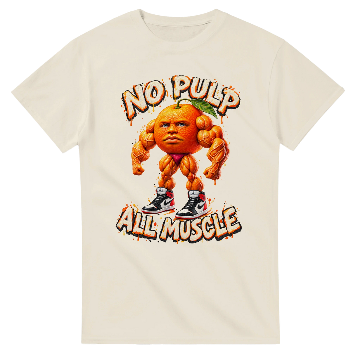 Natural t-shirt printed with Odin Din Din Dun and the words No pulp, all muscle, front view
