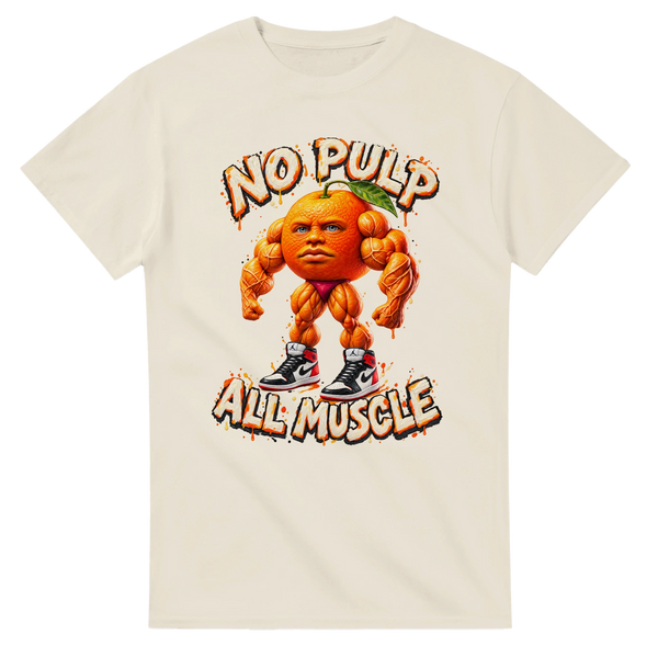Natural t-shirt printed with Odin Din Din Dun and the words No pulp, all muscle, front view