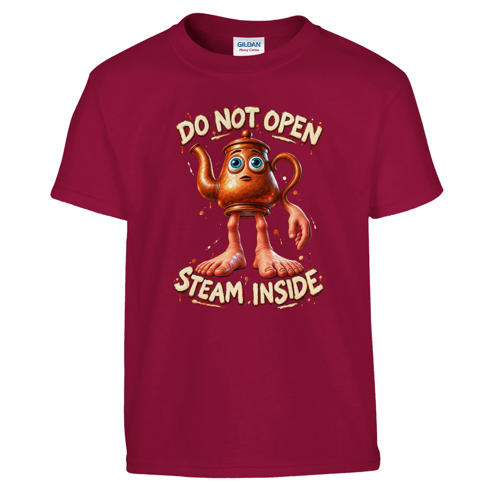 Ta Ta Ta Sahur print on a cardinal red kids t-shirt, front view
