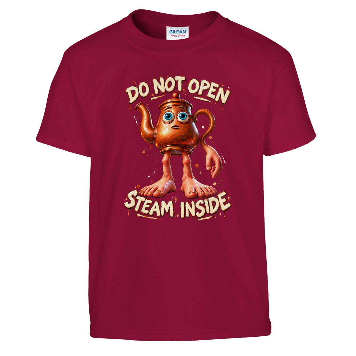Ta Ta Ta Sahur print on a cardinal red kids t-shirt, front view