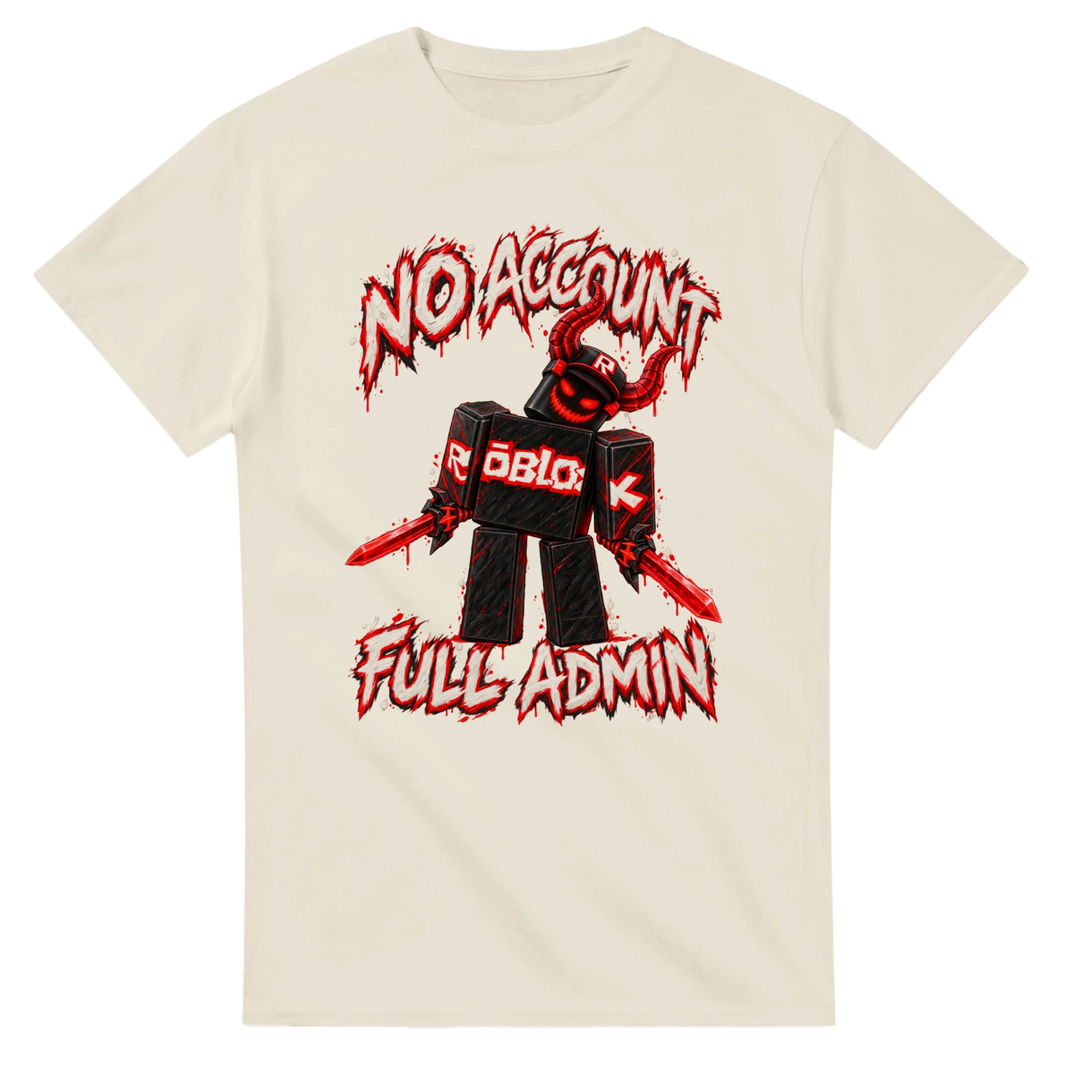 Natural t-shirt printed with Guest 666 and the words No account, full admin, front view