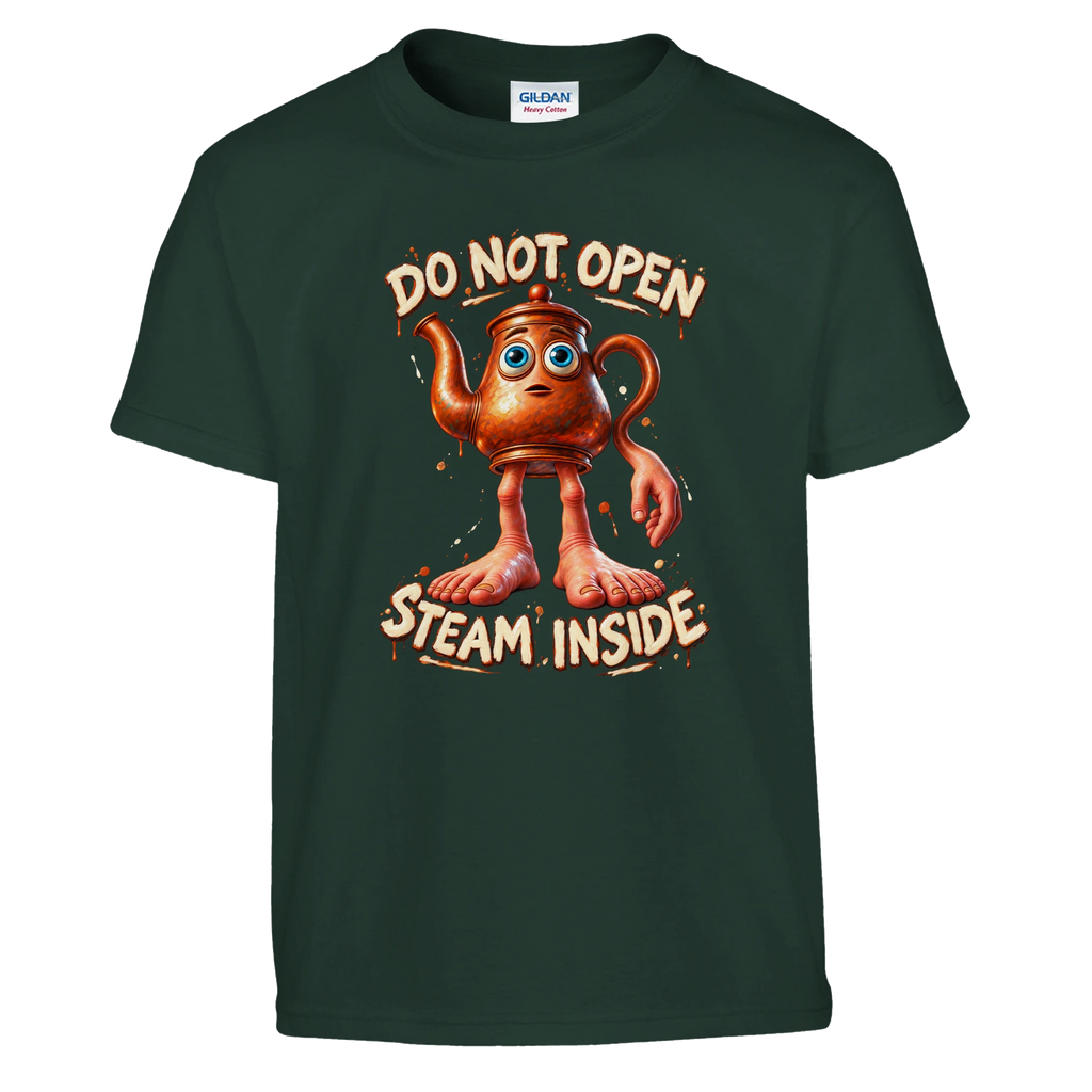 Ta Ta Ta Sahur print on a forest green kids t-shirt, front view