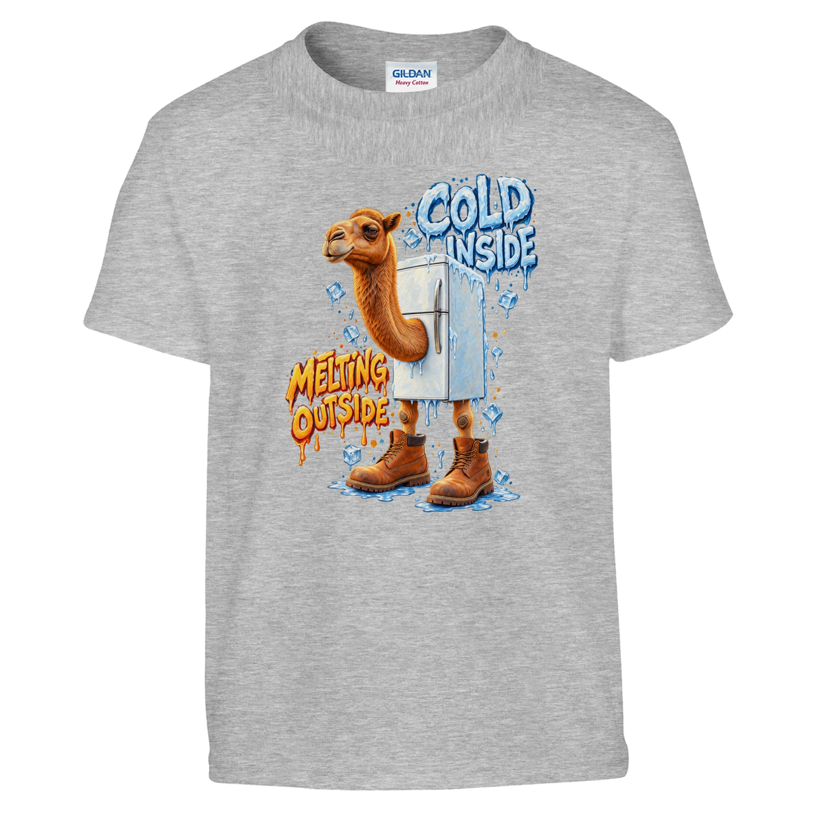 Frigo Camelo print on a sport grey kids t-shirt, front view