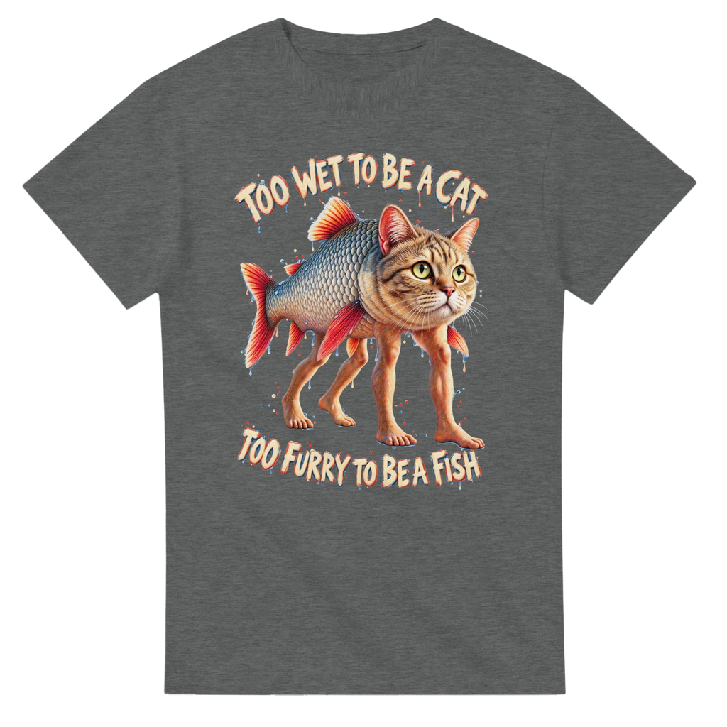 Graphite Heather t-shirt printed with Trulimero Trulichina and the words Too wet to be a cat, too furry to be a fish, front view