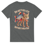 Graphite Heather t-shirt printed with Trulimero Trulichina and the words Too wet to be a cat, too furry to be a fish, front view