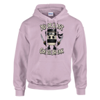 Cappuccino Assassino print on a light pink pullover hoodie, front view